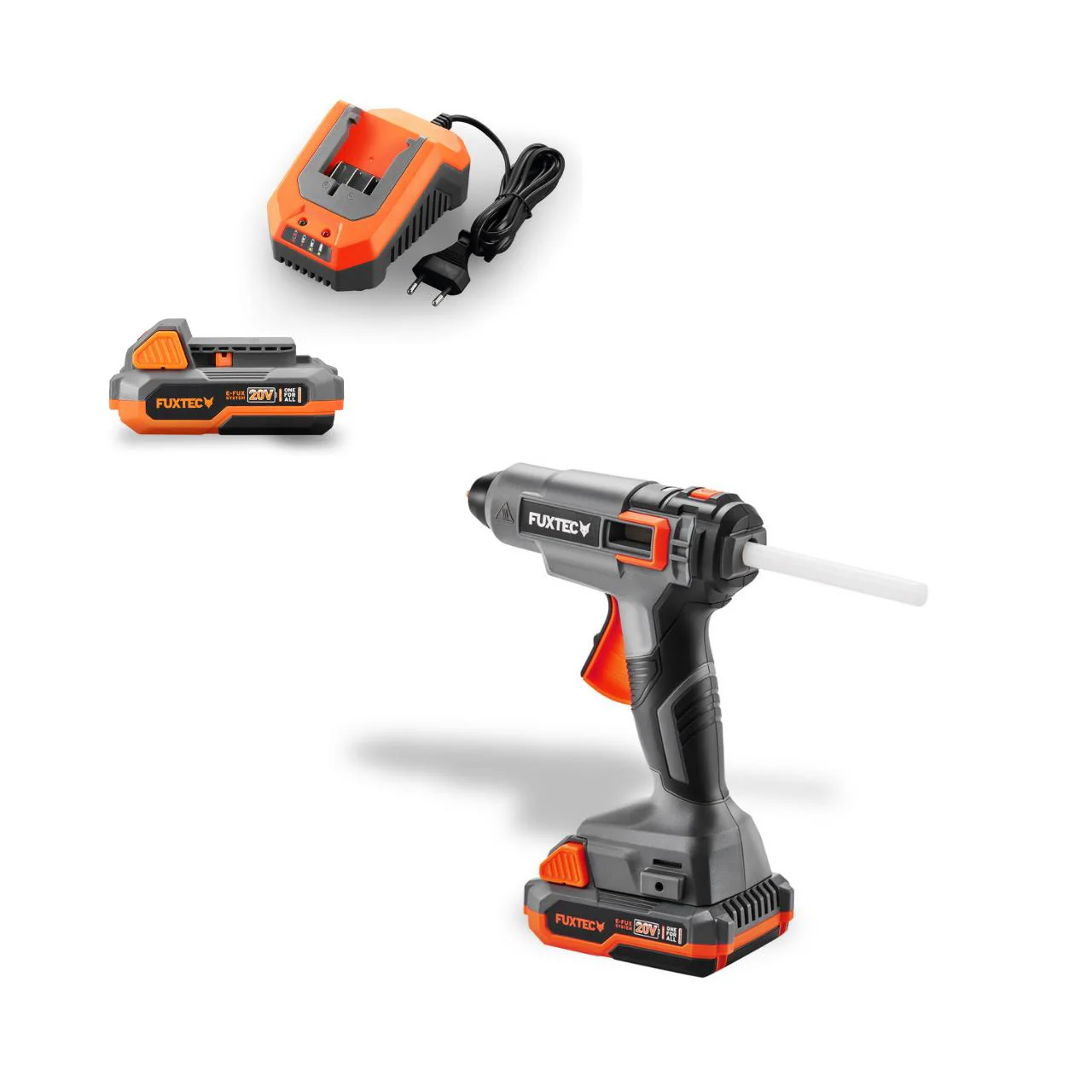 FUXTEC 20V pistola de pegamento caliente sin cable FX-E1GG20 SET - con 1x batería 2Ah, 1x cargador 2,4A